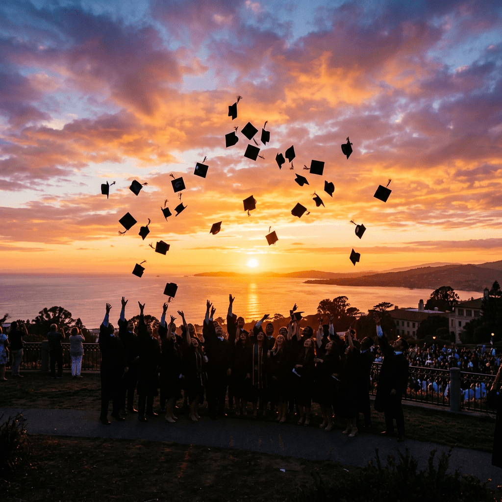 Group of graduates tossing graduation caps at sunset with ocean background